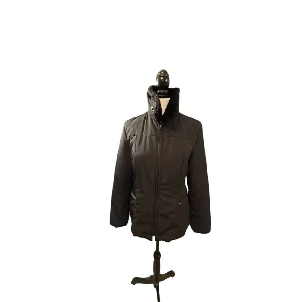 Jones New York Women's Black Jacket Faux Fur Collar Size Small